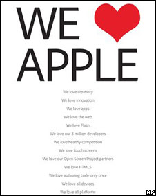 Adobe lanzó una campaña de publicidad en periódicos y en internet en la que dice "amar" a Apple.